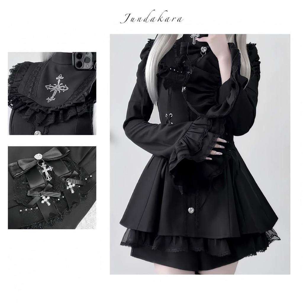 Jundakara Long Sleeve Dress with Cute and Perfect for a Sickly French or Idol Perfect for and Size M Women's Shorts, Lace, Cross, Ribbon, Ruffles,