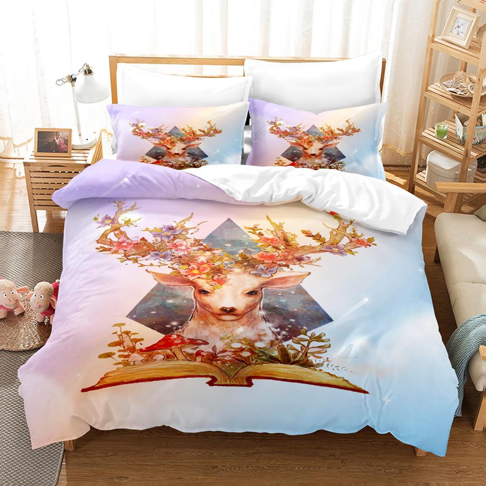 Elk Duvet Cover Set 3D Print Cartoon Elk Colourful Background Flowers Leaves King Size for Kids Boys Girl Polyester Bedding Set