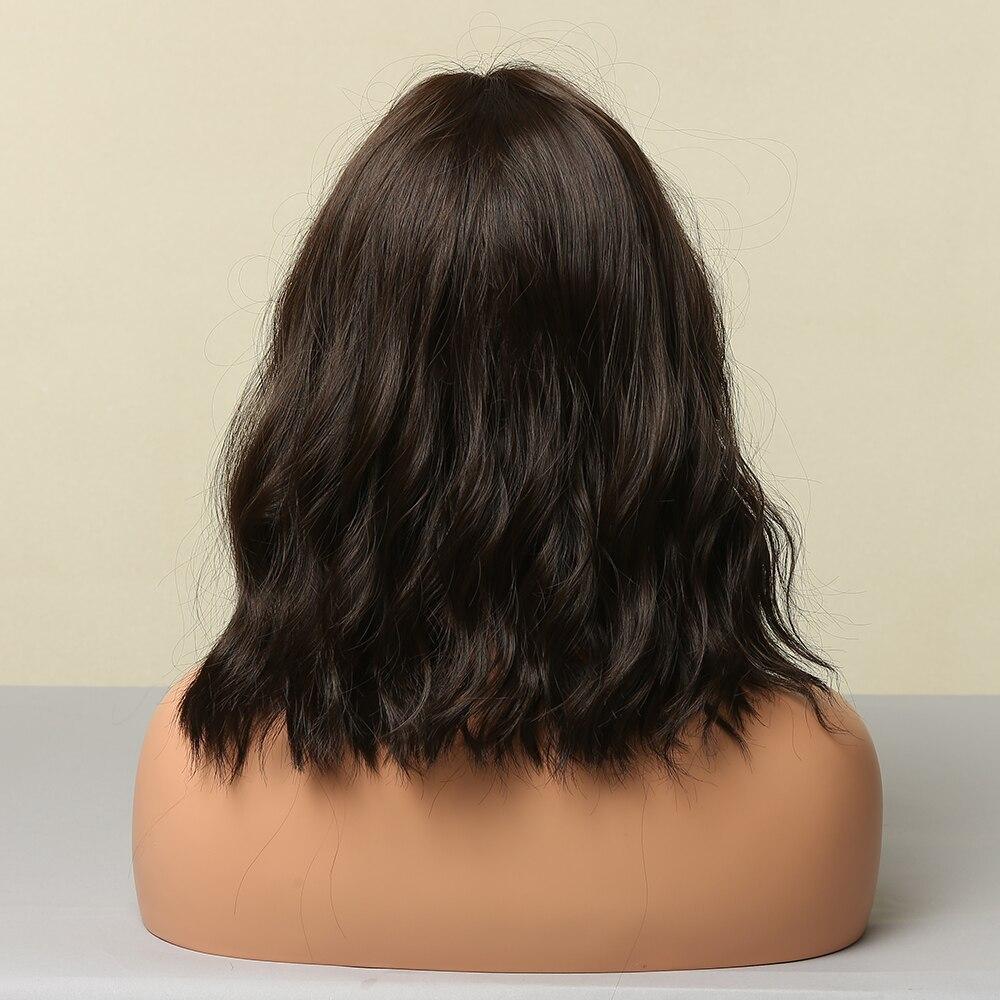 ALAN EATON Medium Water Wave Synthetic Wigs with Bangs Natural Dark Brown Bob Daily Hair Wigs for Women Heat Resistant Fiber