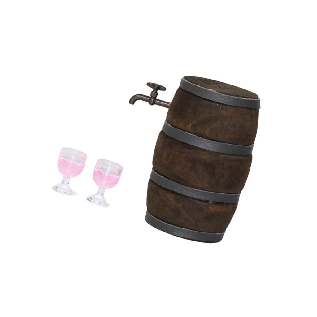 1/12 Scale Miniature Wooden Wine Barrel with Wine Glasses Dollhouse Accessory For Realistic Display And Collectible