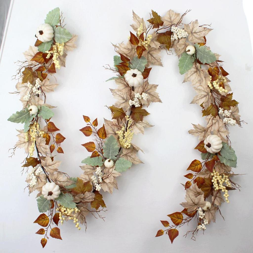 Maple Leafs Wreath 5.9FT Pumpkin Halloween Garland With Berries Pumpkin Decorative Leafs Vine Fall Garland for Thanksgiving