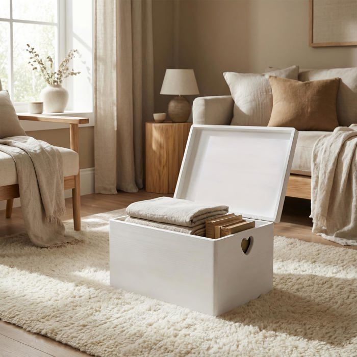 Boîte de rangement en bois - CREATIVE DECO - Grande Caisse à Décorer - 40 x 30 x 24 cm - Poignées cœur - Personnalisable