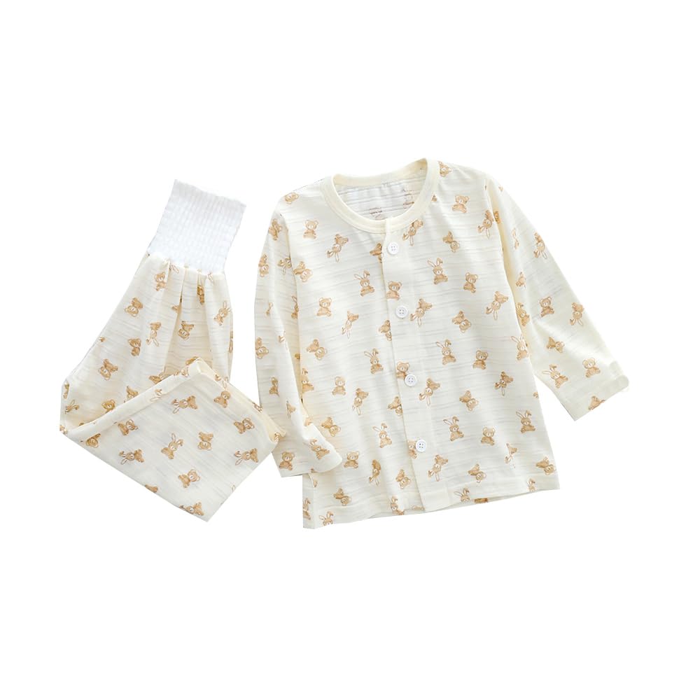 Baby Koi Baby Clothes Pajamas Long Sleeves Thin Cotton Belly Warmer Top and Bottom Set Front Opening Boys Clothes Mesh Pattern Gift Khaki Bear Pattern