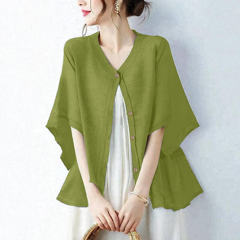 ZANZEA Women Casual Round Neck Half Sleeve Loose Cardigan Blouse