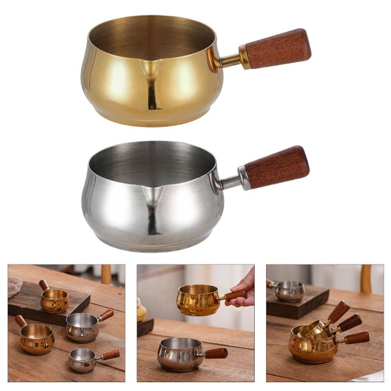 Stainless Steel Pouring Cups With Wooden Handle Stackable Dip Saucers For Heating Butter And Preparing Coffee