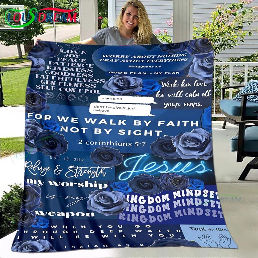 Fashion Bible Verses Jesus Pattern Blanket Flannel Thin Blanket Portable Home Travel Office Lunch Break Blanket Birthday Gift
