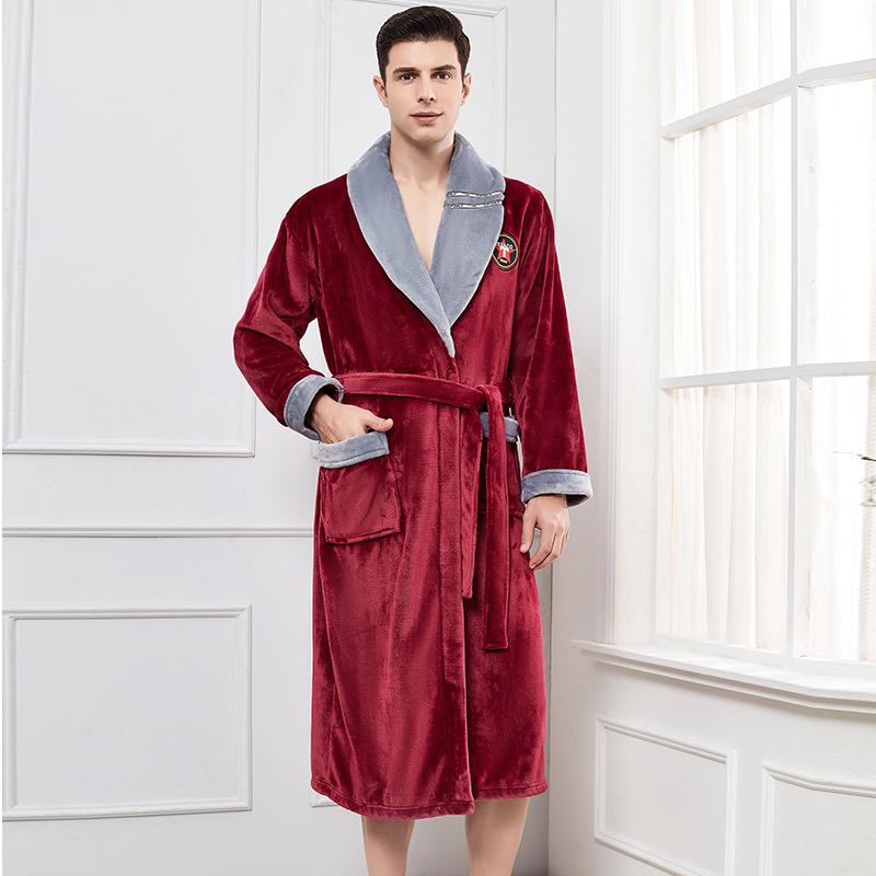 Autumn Winter Nightdress Men Casual Coral Fleece Sleepwear Warm Home Wear Flannel Belt Pyjamas Kimono Bathrobe Gown