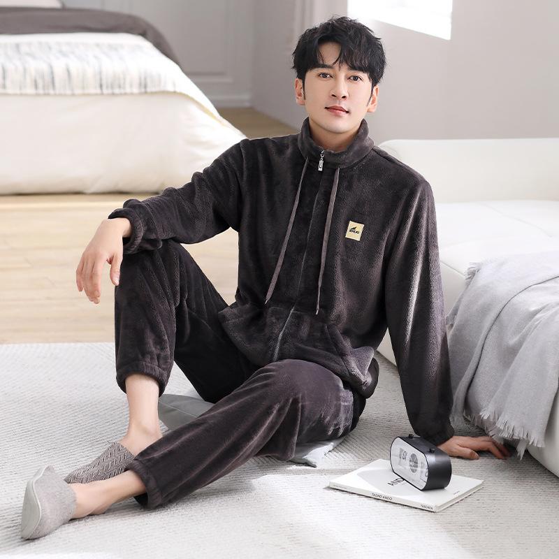 

[Antistatic] Flannel Pajamas Men S Winter Velvet Thickened Warm Flannel Loungewear Zipper Set 3XL
