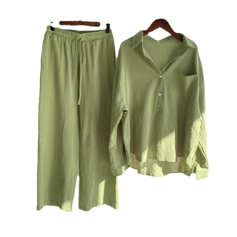 Damen zweiteiliger Anzug Retro Plus Size Baumwolle Leinen Hemd Anzug Hohe Taille Lose Hosen für Frauen