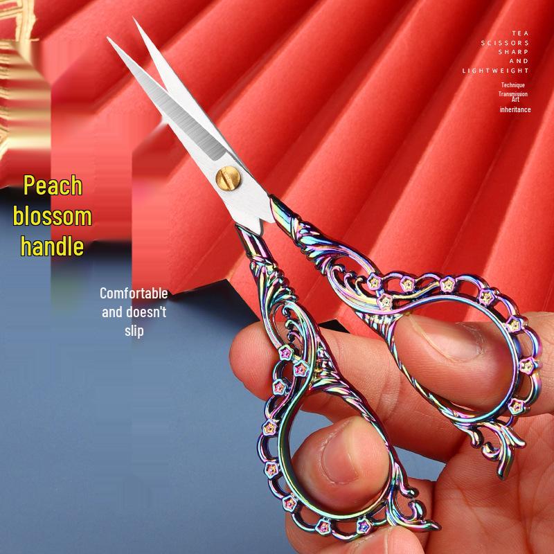 Peach Blossom Retro Pointed Tip Stainless Steel Scissors for Embroidery, Yarn, Paper - Ideal for Home, Office, and Crafts.