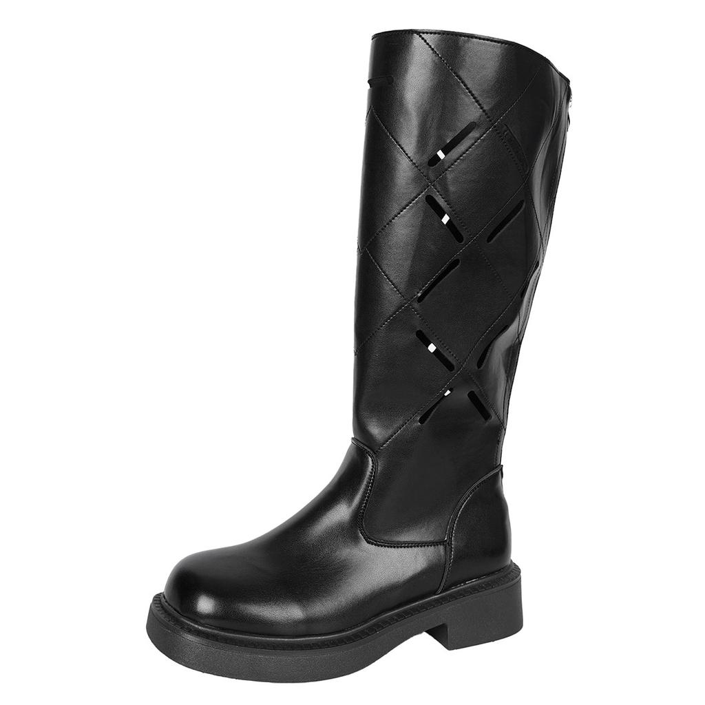 Fashion British Style Hollowed Out Knight Boots for Women Autumn New Thick Soled Knee-High Size 36-42 PU Black Beige Botas Largas Mujer