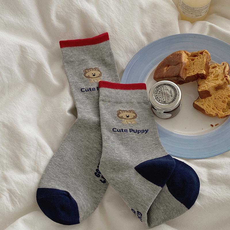 Female Spring and Autumn Color Striped Cute Cartoon Puppy College Wind Tube Pile Socks