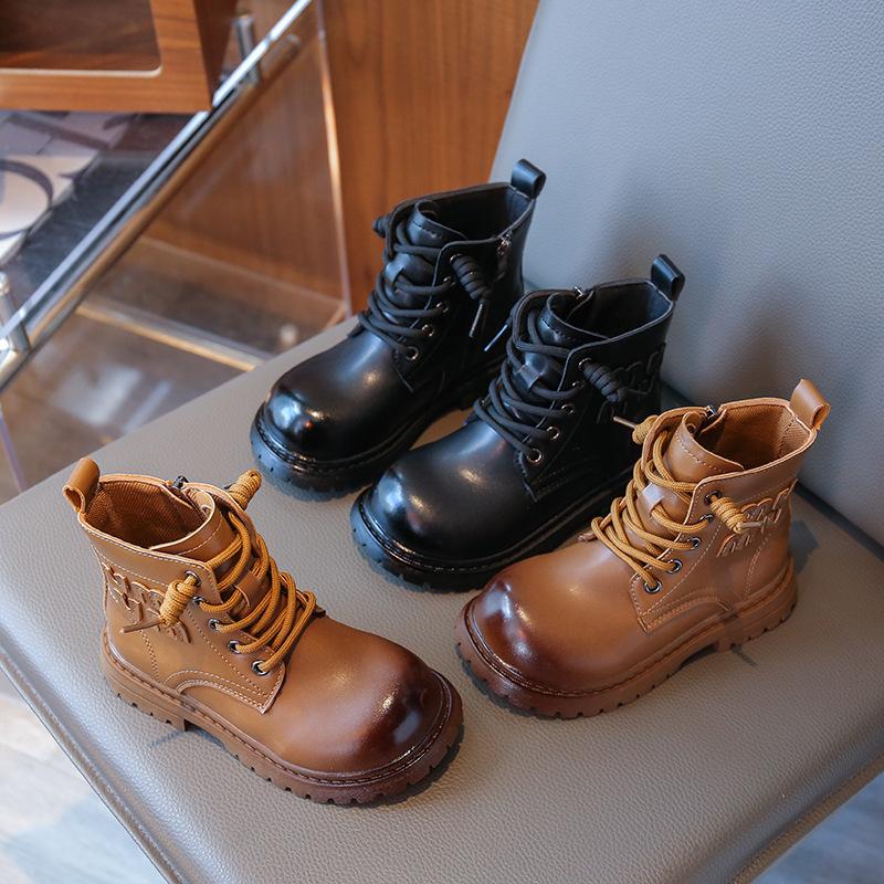 Girls Martin boots British style two cotton short boots 2025 new autumn and winter velvet boys warm cotton boots children's leather boots