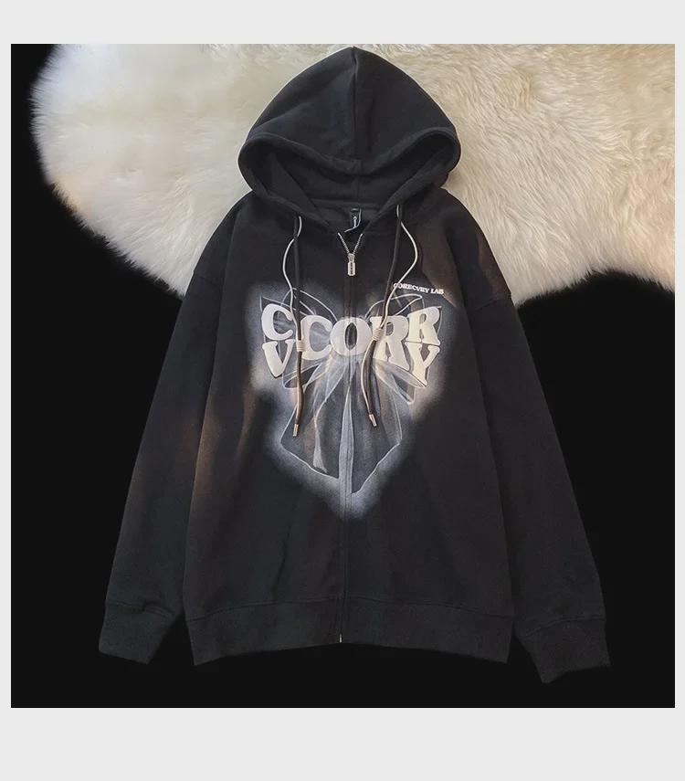 Oversized Loose Fit Hooded Cardigan Sweater for Women with Foam Print Design