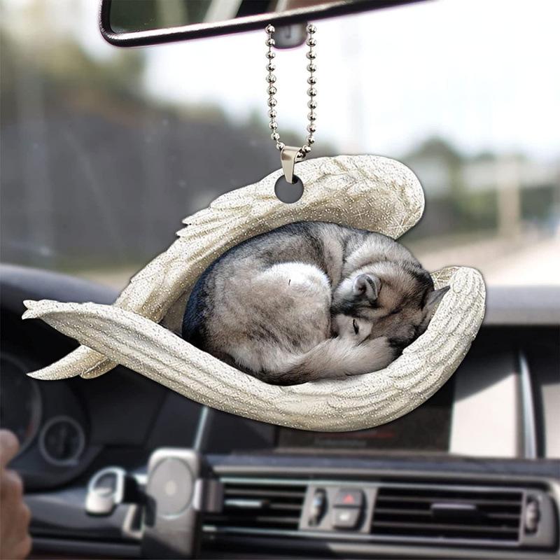 Creative Sleeping Angel Wing Puppy Memorial 2D Flat Car Rear View Mirror Accessories Ornament Decoration Hanging Charm Pendant