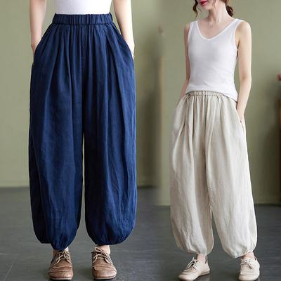 Pantaloni tip felinar din bumbac și in de culoare uni, mărime mare, pentru femei, largi, casual, cu talie elastică