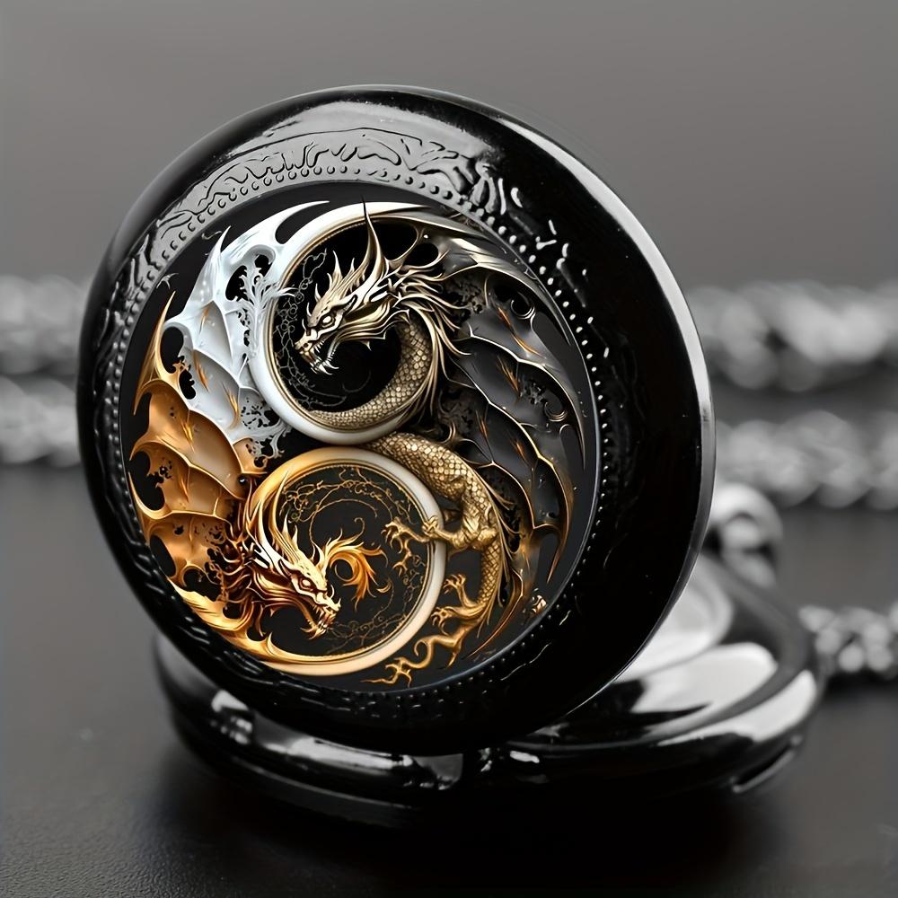Exquisite Vintage Gold and Brozne Color Dragon Pocket Watch Design with Neckalce,Precise Quartz Movement Watch,Gift for Men Kids