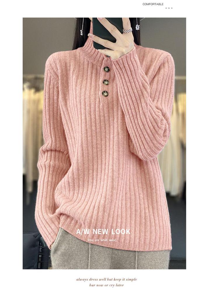 Women's Striped High Neck Wool Sweater - Half-Button, Slimming Fit, Autumn/Winter Knit Pullover