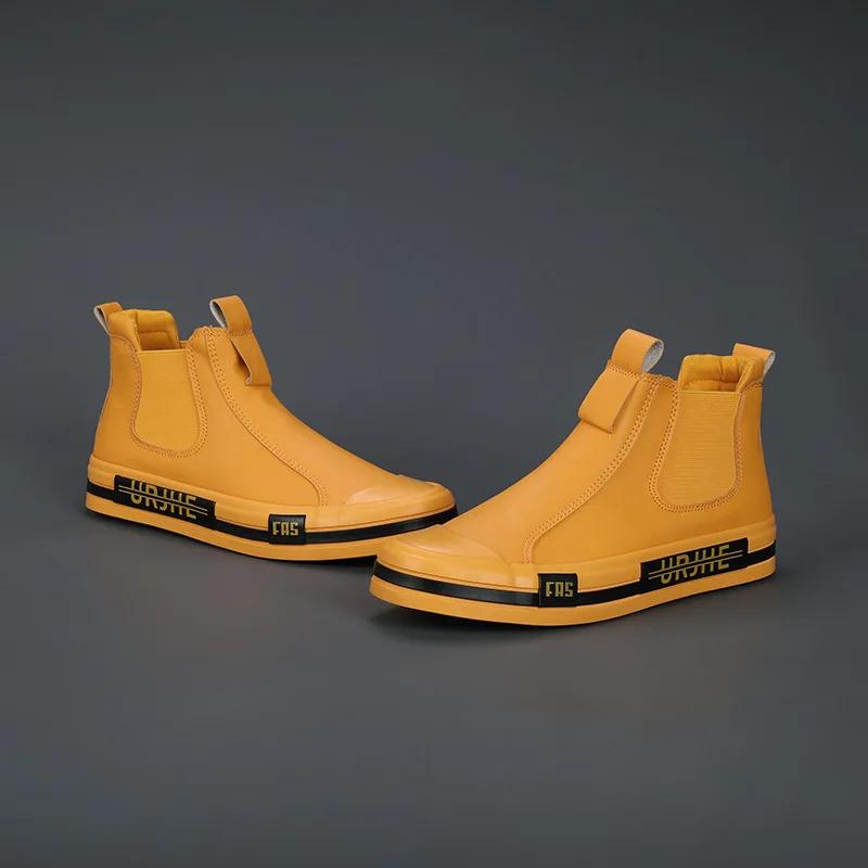 Leather Casual Boots for Men Mote Gul Herre High Top Sko Lær Mokkasiner Komfortable Loafers Herre Sko Ankelstøvletter