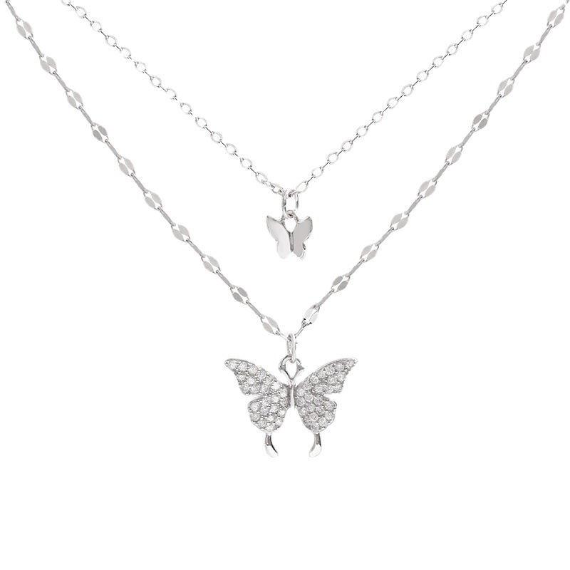 "Korean Double-Layer Zircon Butterfly Necklace: Elegant Flash Diamond Clavicle Chain for Women"