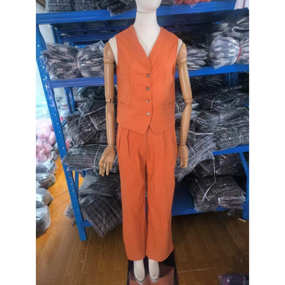 Women's Loose Fit Two‑Piece Outfit Sleeveless Vest Top High Waist Wide Leg Pants Linen Blend Matching Suit For Daily Casual Wear