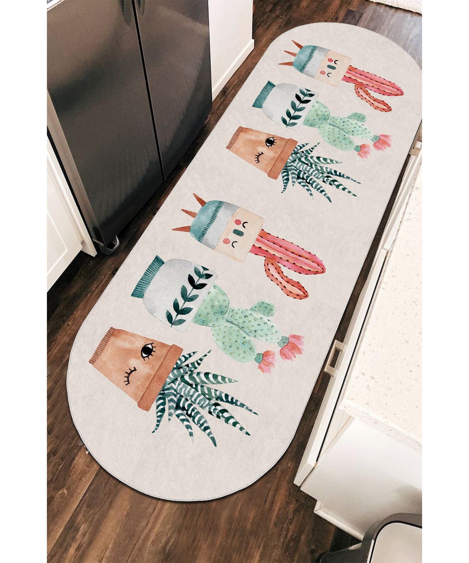 

Нескользящий овальный кремовый ковер в горошек с милым рисунком кактуса, кухонный ковер Maki. Моющийся бегун-sf1028