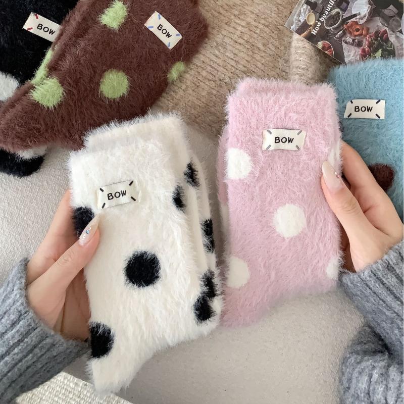 Women'S Winter Polka Dot Socks Mid Tube Cute Mink Velvet Sock Thickened Warm Sleeping Stockings