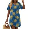 Women's Summer Casual Feather Printed Hem Knotted Short Sleeve Dresses