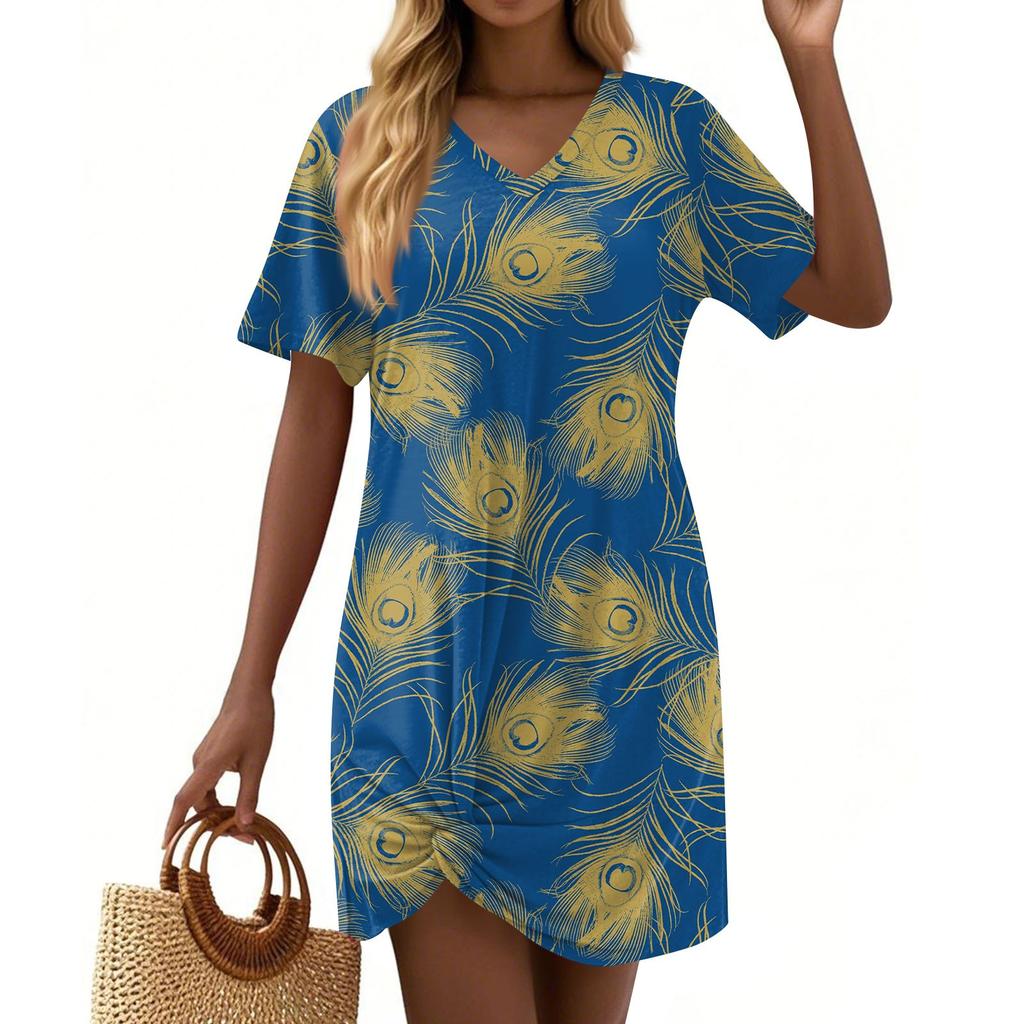 Women's Summer Casual Feather Printed Hem Knotted Short Sleeve Dresses