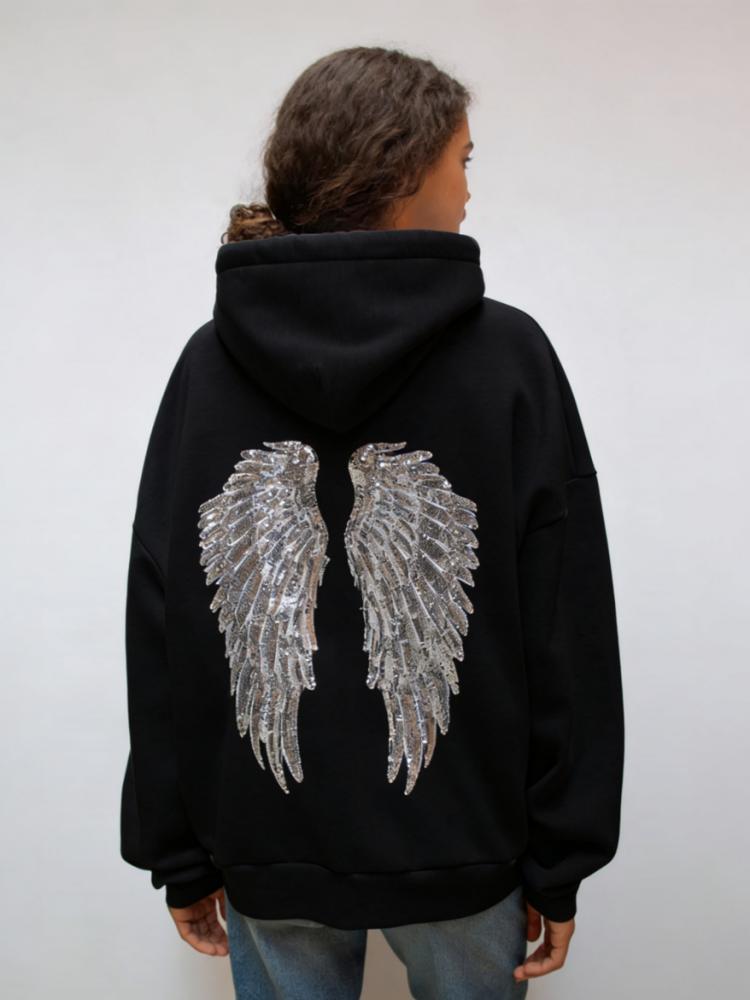 2KWEIRD Women's Shinny Sequin Angel Wings Hooded Jacket Pant Long Sleeve Loose Casual Hooded Pullover New Lady Y2K Autumn Outwears