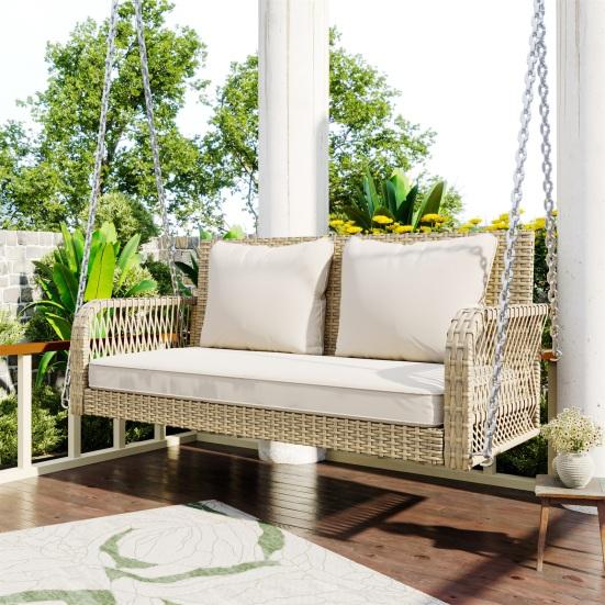 Metallketten-Schaukelstuhl mit Sitz- und Rückenpolstern Rattan-Geflecht Doppelsitze Waschbar Garten-Hänge-Schaukel-Lounge Zuhause