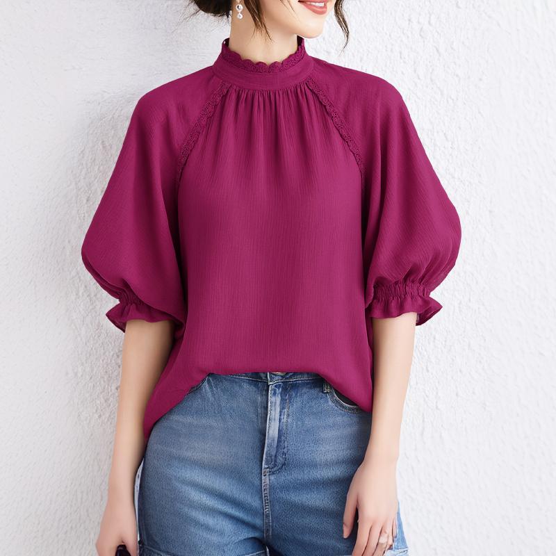 

ZANZEA Женская повседневная блузка с воротником-стойкой, свободная, летняя, с рукавом до локтя 5XL кларет