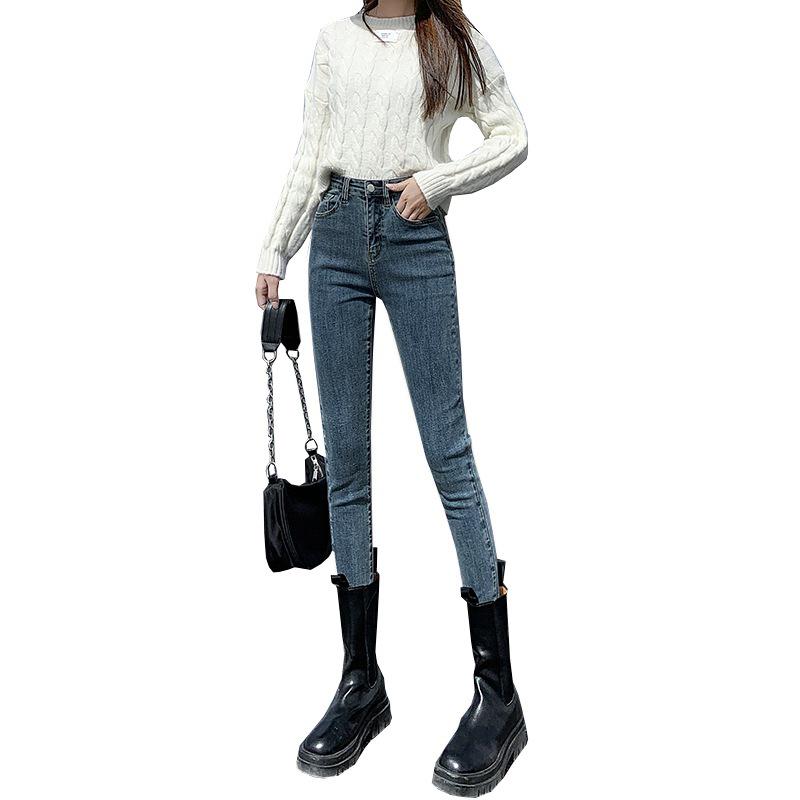 Women's Fleece-Lined High-Waisted Skinny Jeans: Slim-Fit, Warm, Thick, Elastic Pencil Pants for Winter Outings.