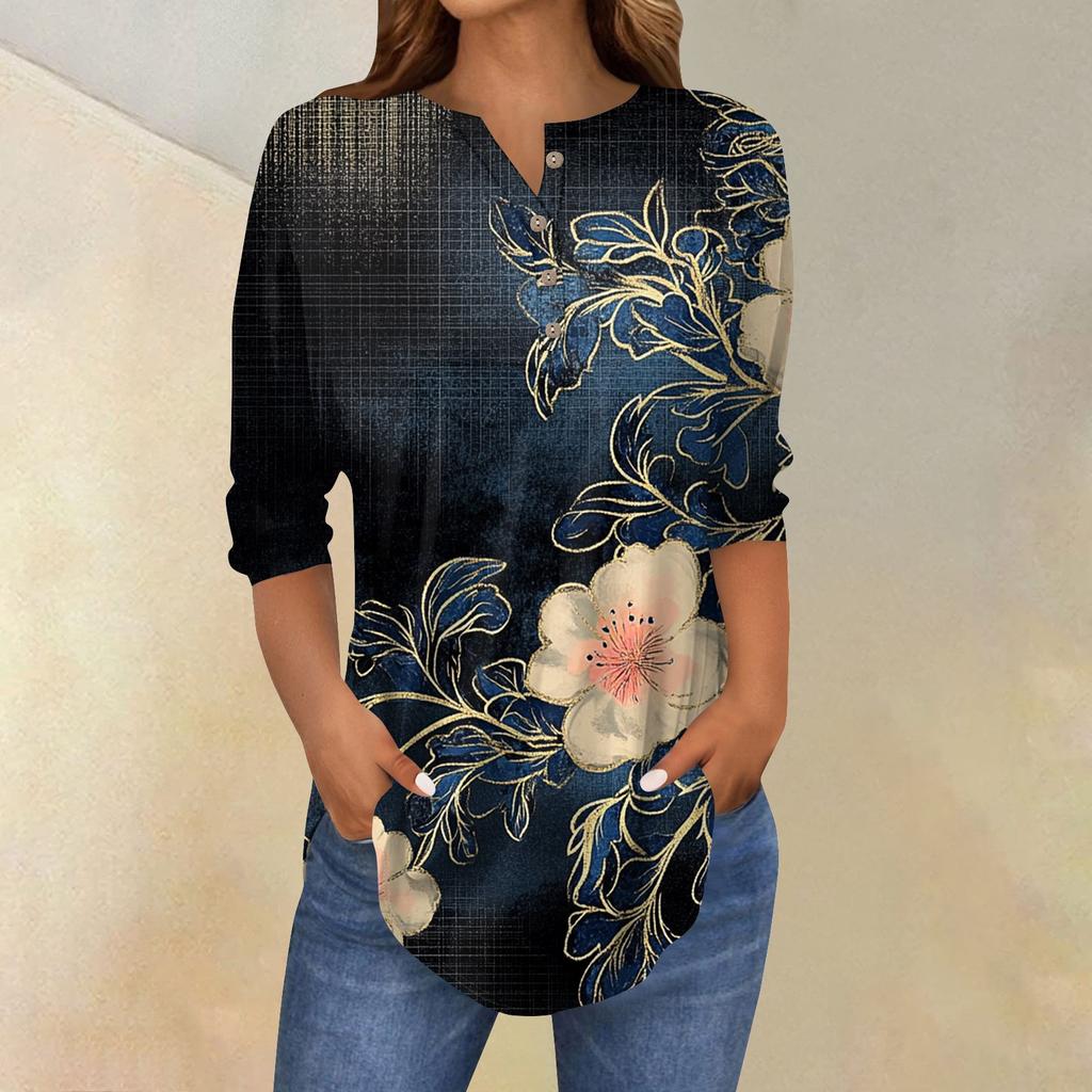 Women's Fashion Loose Button Collar Print 3/43/4  Sleeve T-Shirt Tops Pullover