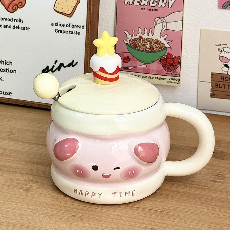 Birthday Gift Ceramic Mug with Lid Spoon Cartoon Water Cup Souvenir Gift Cup Office Home Coffee Cup Women