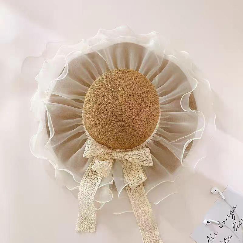 Lace Bow Straw Hat Women's Summer French Large Brim Sunscreen Hat Seaside Beach Vacation Sun Hat