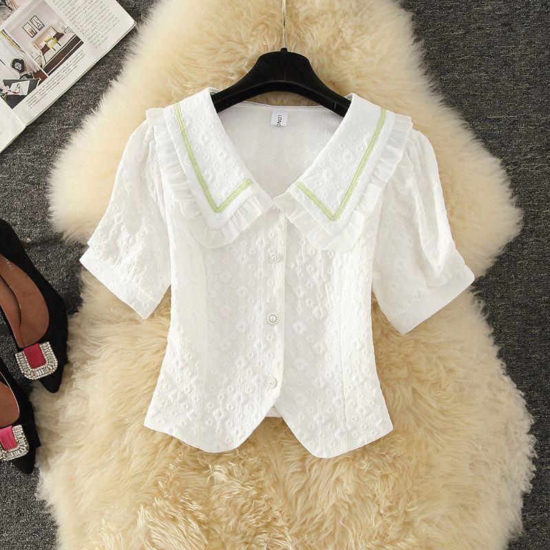 

Артистичный свежий юбочный костюм Милый бахромчатый кромка Кукольный воротник Жаккардовый Топы с коротким рукавом Юбка макси с высокой талией Комплект из двух предметов Green S