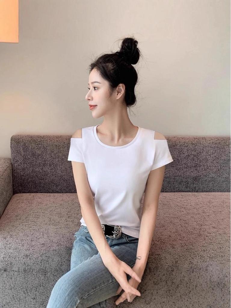 Damen Off-Shoulder Slim Fit Schwarzes Kurzarm-Rundhals-T-Shirt - Reine Baumwolle, Sommerkollektion 2025