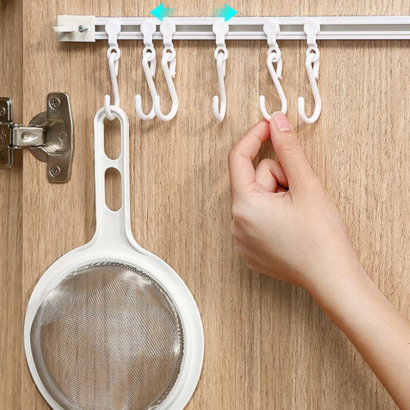 Houseeker Strong Self-adhesive Track Row with 10 Hooks Can Slide S-shaped Holder Non Punching Kitchen Bathroom Storage Rack