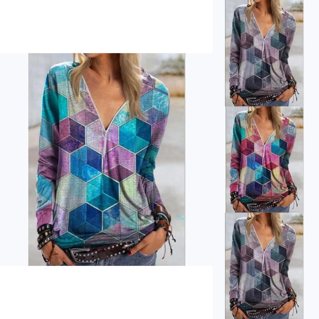 Elegant Ladies Print Pullover Blouse Shirt With V Neck And Zipper For Casual Wear