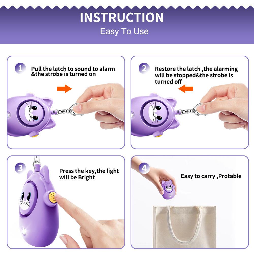 Cute Cat Personal Self Defense Alarm Light 130db Self Defense Siren Safety Alarm For Outdoor Women Girl Personal Keychain Alarm