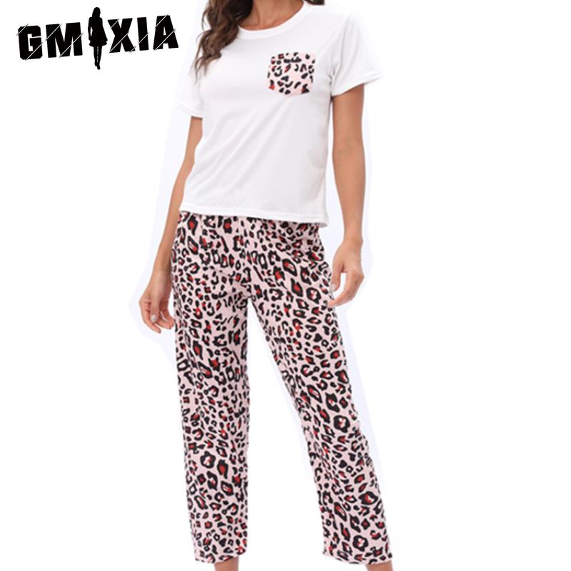 

GMXIA Женская домашняя пижама с леопардовым принтом и принтом тай-дай, комплект из двух предметов с короткими рукавами и длинными брюками S