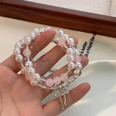 Cute Pink Beaded Imitation Pearl Bracelet For Women Girl Elegant Y2k Sweet Korean Charm Bowknot Bow Jewelry Party Gifts