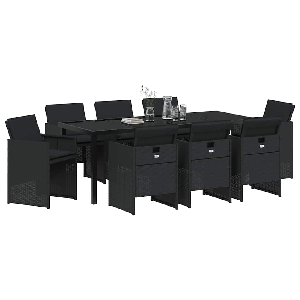 Outdoor Dining Set with Cushions 9 pcs Black Poly Rattan