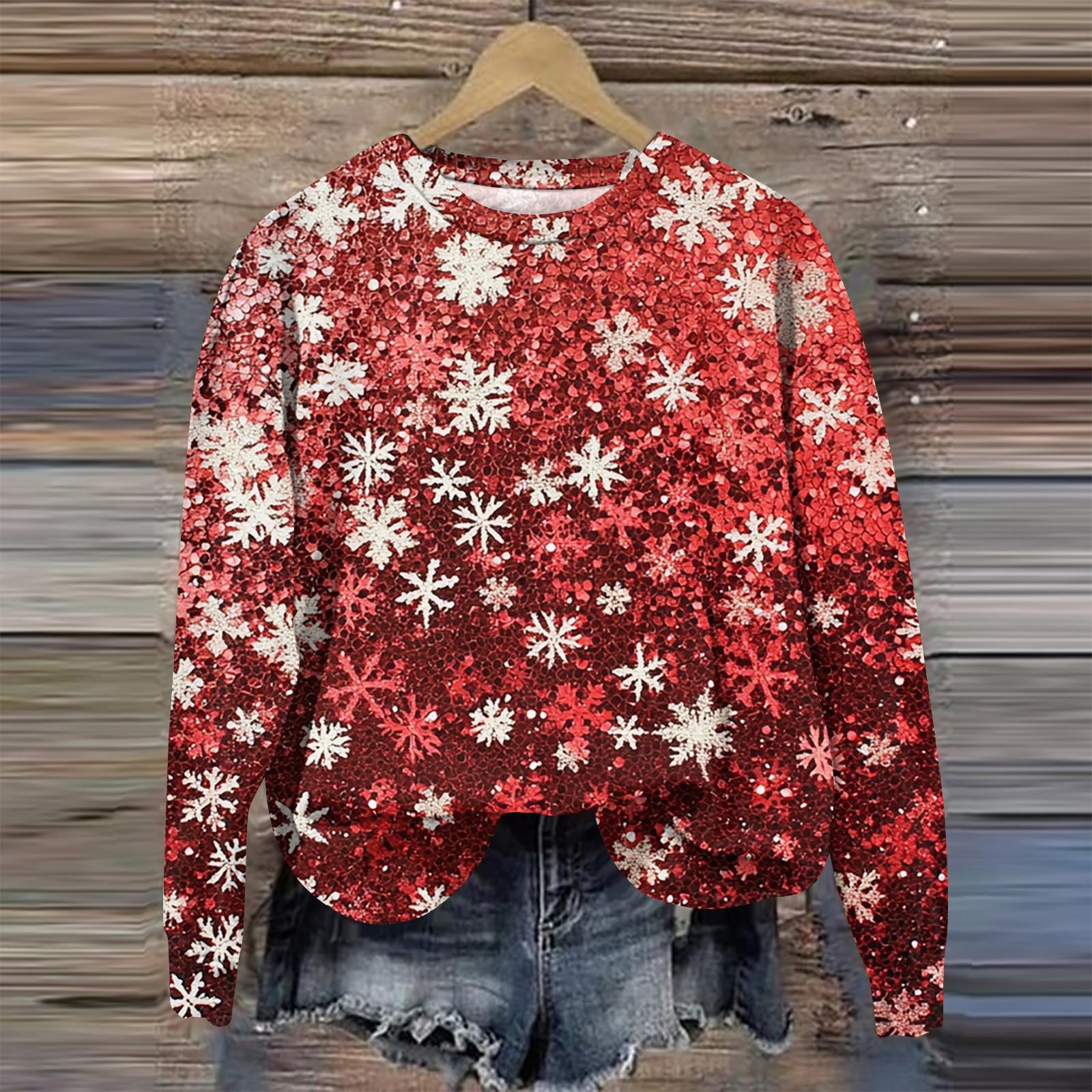 

Женская мода круглый вырез пуловер длинный рукав футболка рождественский принт топ XL