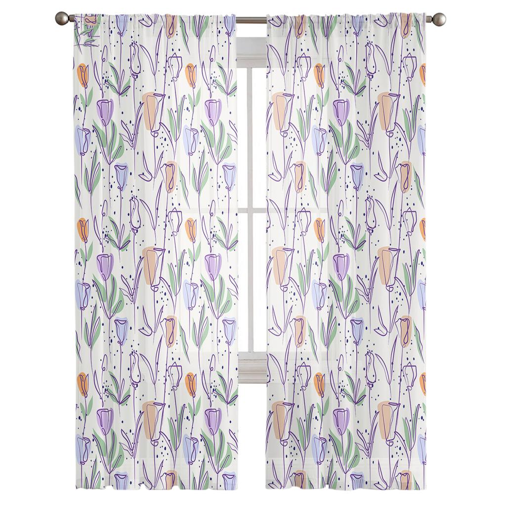 Spring Flowers Plant Tulips Voile Sheer Curtains For Living Room Window Chiffon Tulle Curtain Kitchen Bedroom Drapes Home Decor