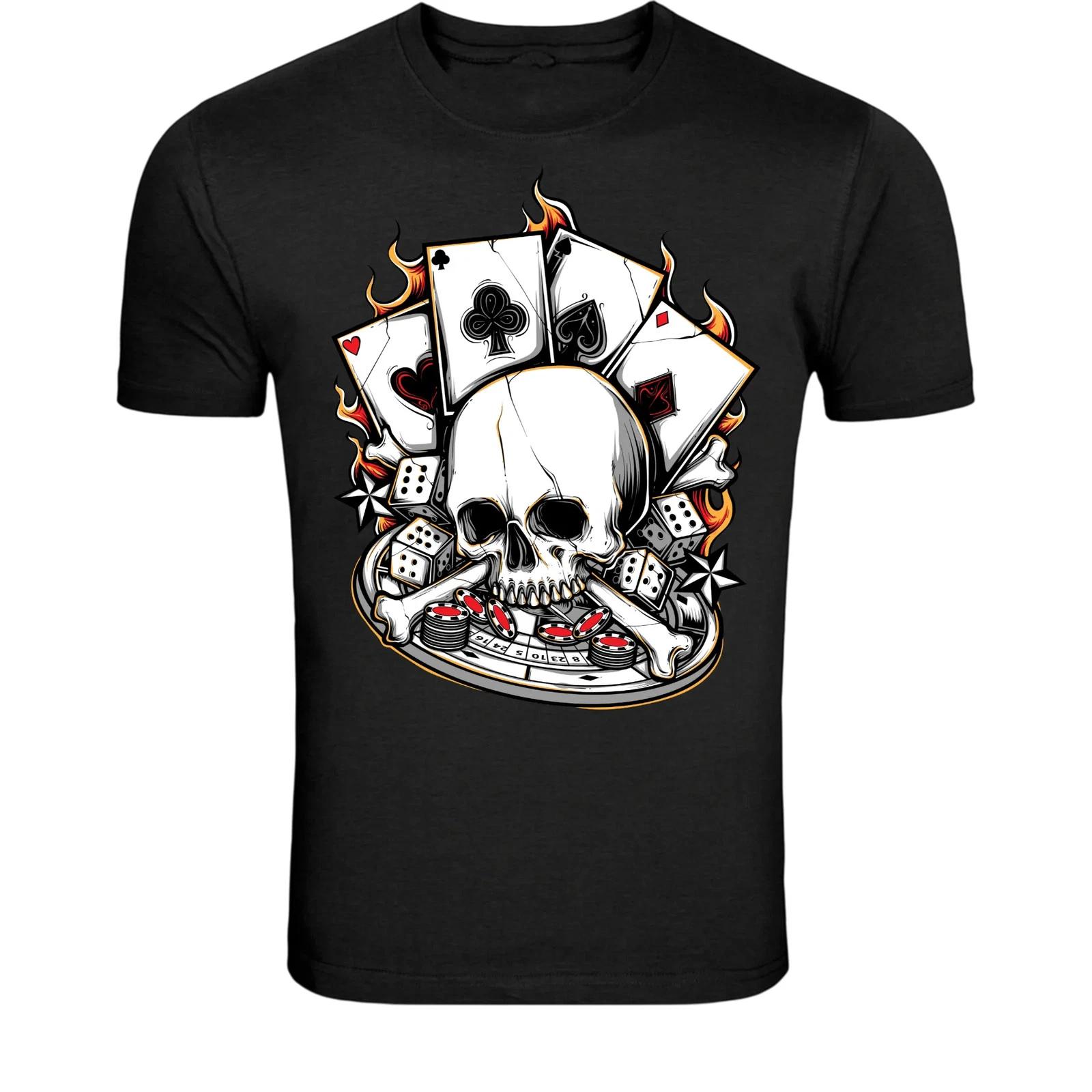 Skull Poker Casino T-Shirt - Gambling Cards Dice Skull Graphic Tee XL