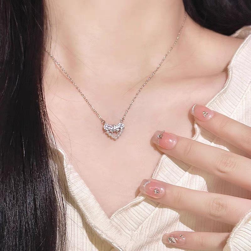 S925 sterling silver rhinestone bow pearl necklace for women, French design beautiful heart pendant, niche necklace