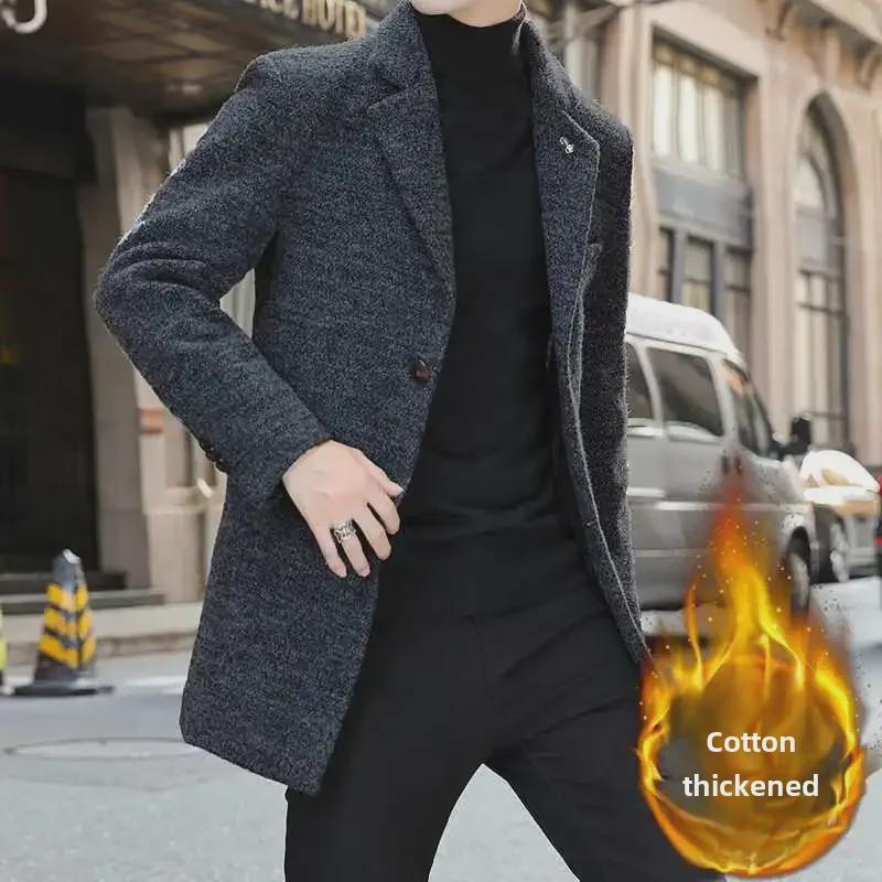 Pánská úzká vlněná větrovka, střední délky, korejský styl, pro podzimní a zimní obchodní nošení