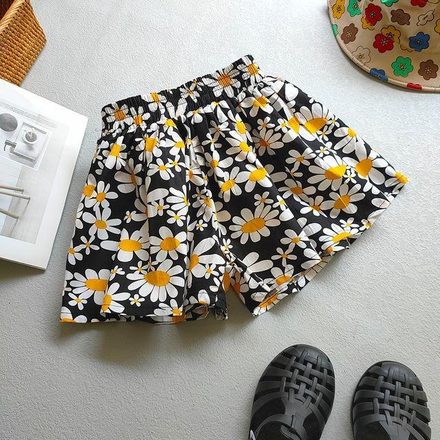

Детские шорты с цветочным принтом, широкие пляжные шорты для девочек, летние детские шорты, шорты 130 чёрный